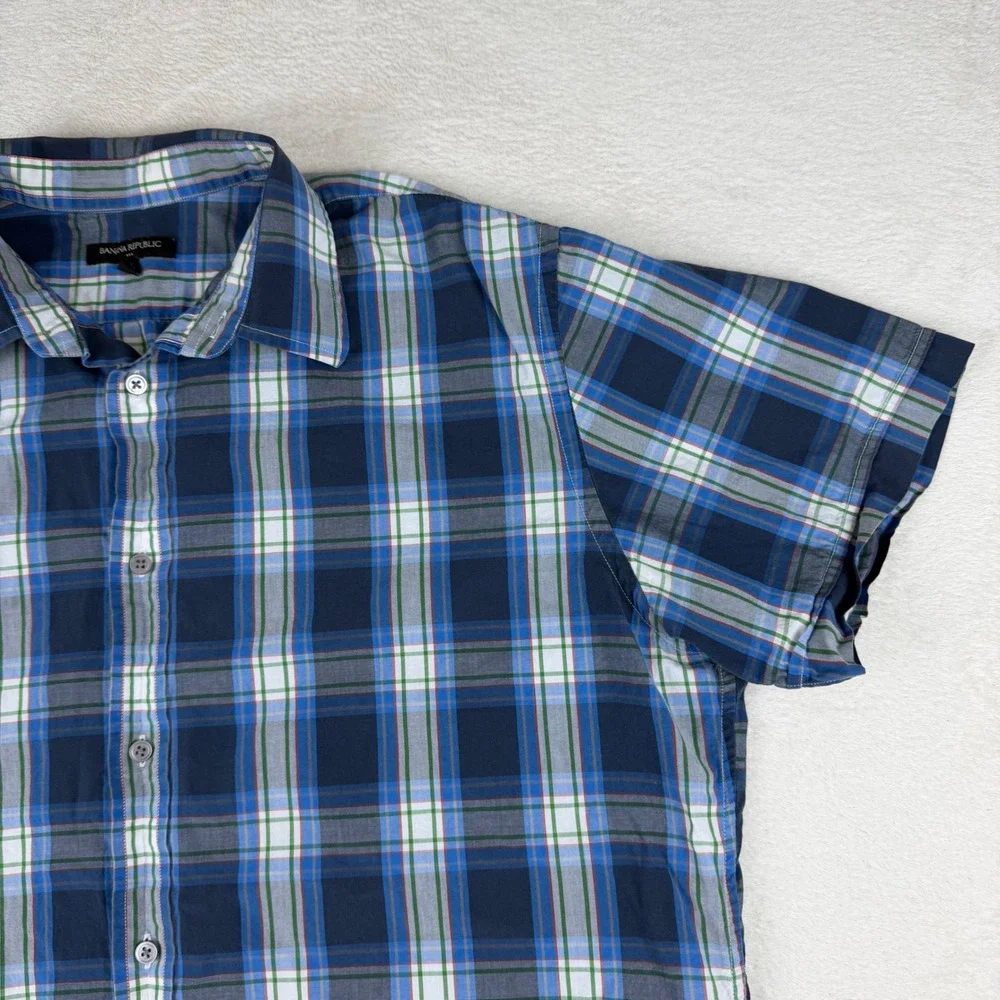 Banana Republic Mens XL‎ Blue Green Plaid Short Sleeve Button Down Shirt